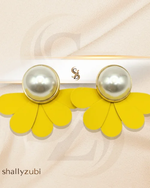 Yellow Flower Ear Studs with white bead| Earrings-shallyzubi