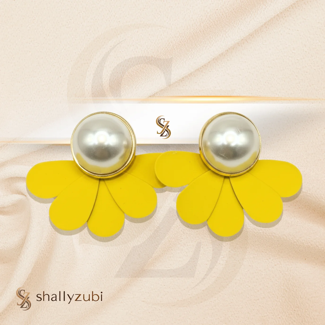 Yellow Flower Ear Studs with white bead| Earrings-shallyzubi