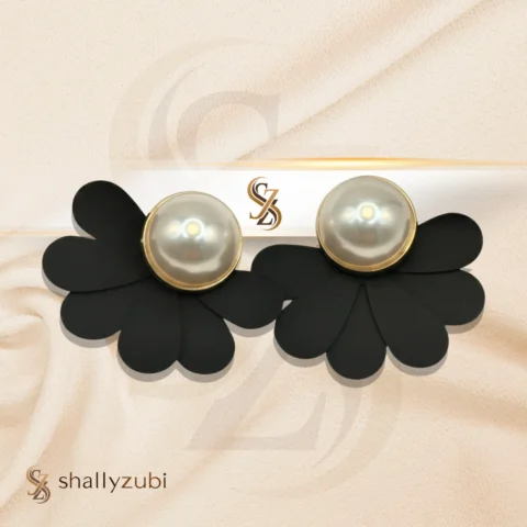 Black Flower Ear Studs with white bead| Earrings-shallyzubi| With-Earrings-box