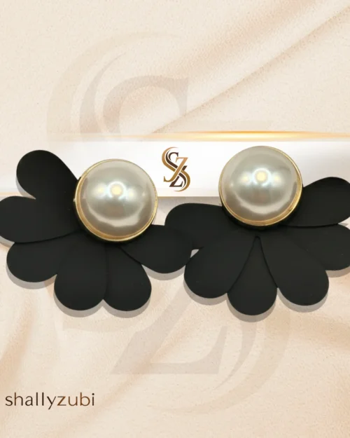 Black Flower Ear Studs with white bead| Earrings-shallyzubi| With-Earrings-box