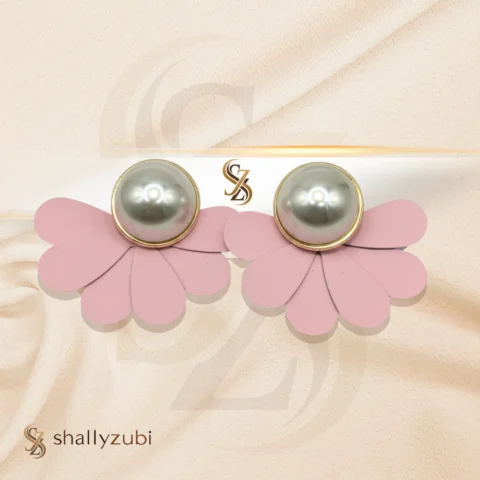 Baby Pink Flower Ear Studs with white bead| Earrings-shallyzubi| With-Earrings-box