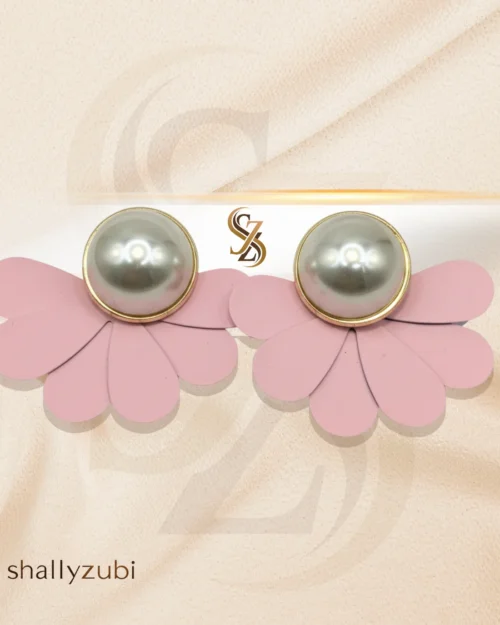 Baby Pink Flower Ear Studs with white bead| Earrings-shallyzubi| With-Earrings-box