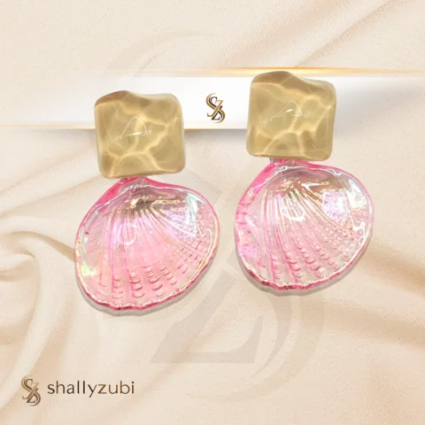 sea Shell pink Ear stud / tops with drop down pink and yellow golden color stud