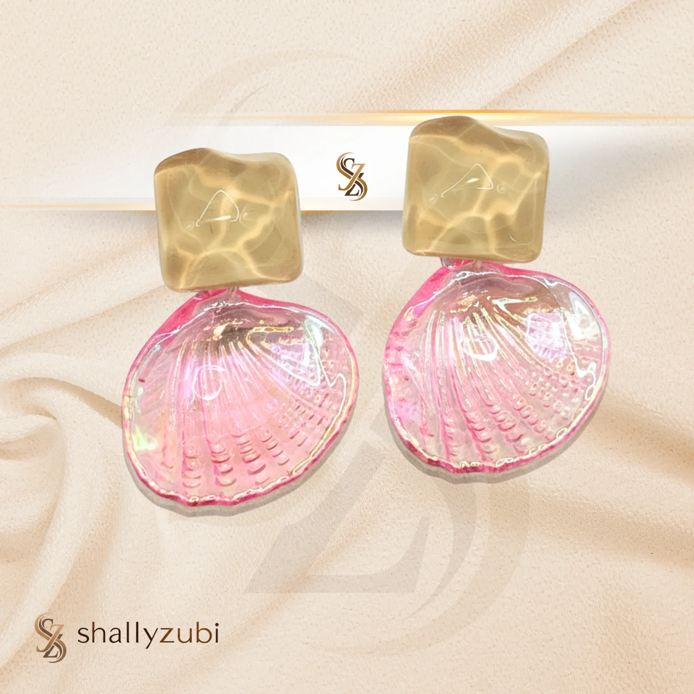 sea Shell pink Ear stud / tops with drop down pink and yellow golden color stud