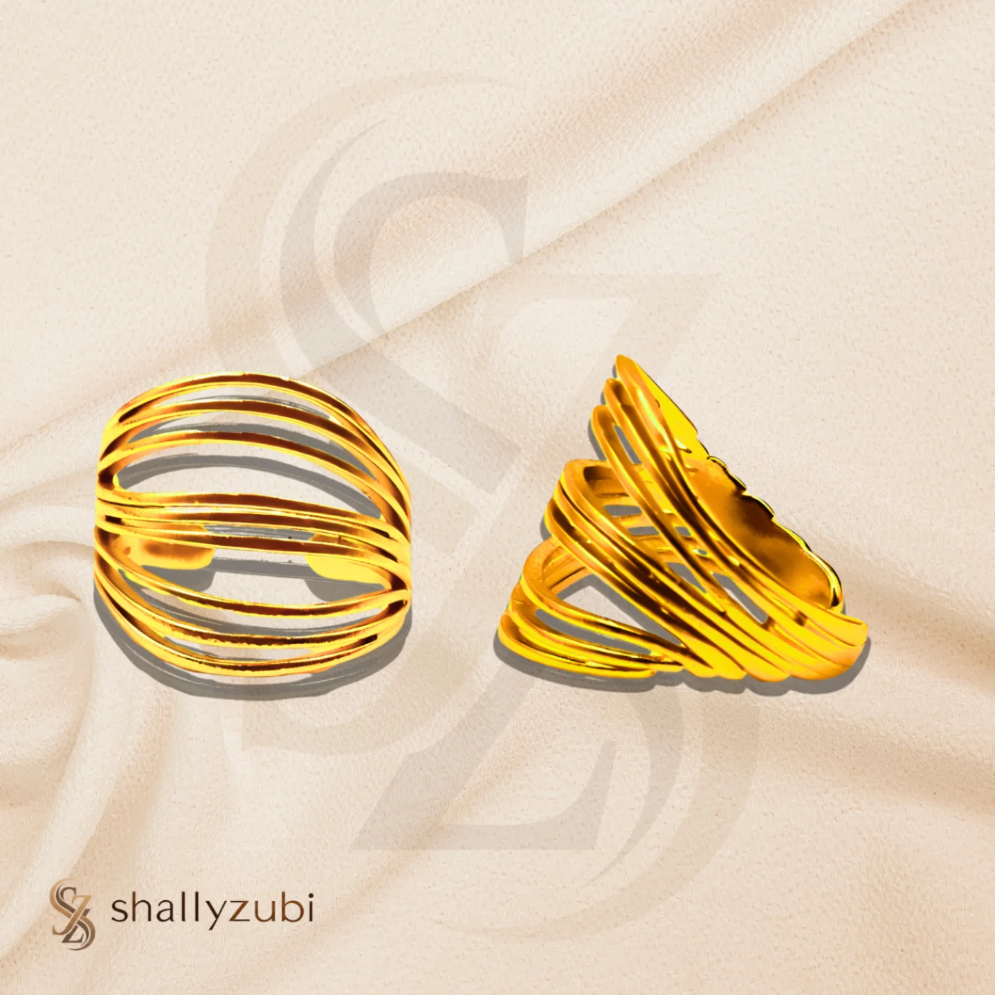 gold-toned, adjustable, open-band rings featuring a butterfly design and an interwoven waved design