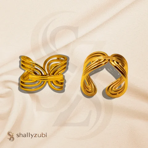 gold-toned, adjustable, open-band rings featuring a butterfly design and an interwoven waved design