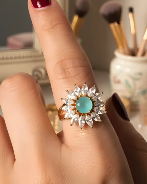 Sea green with white floral sunburst adjustable size ring