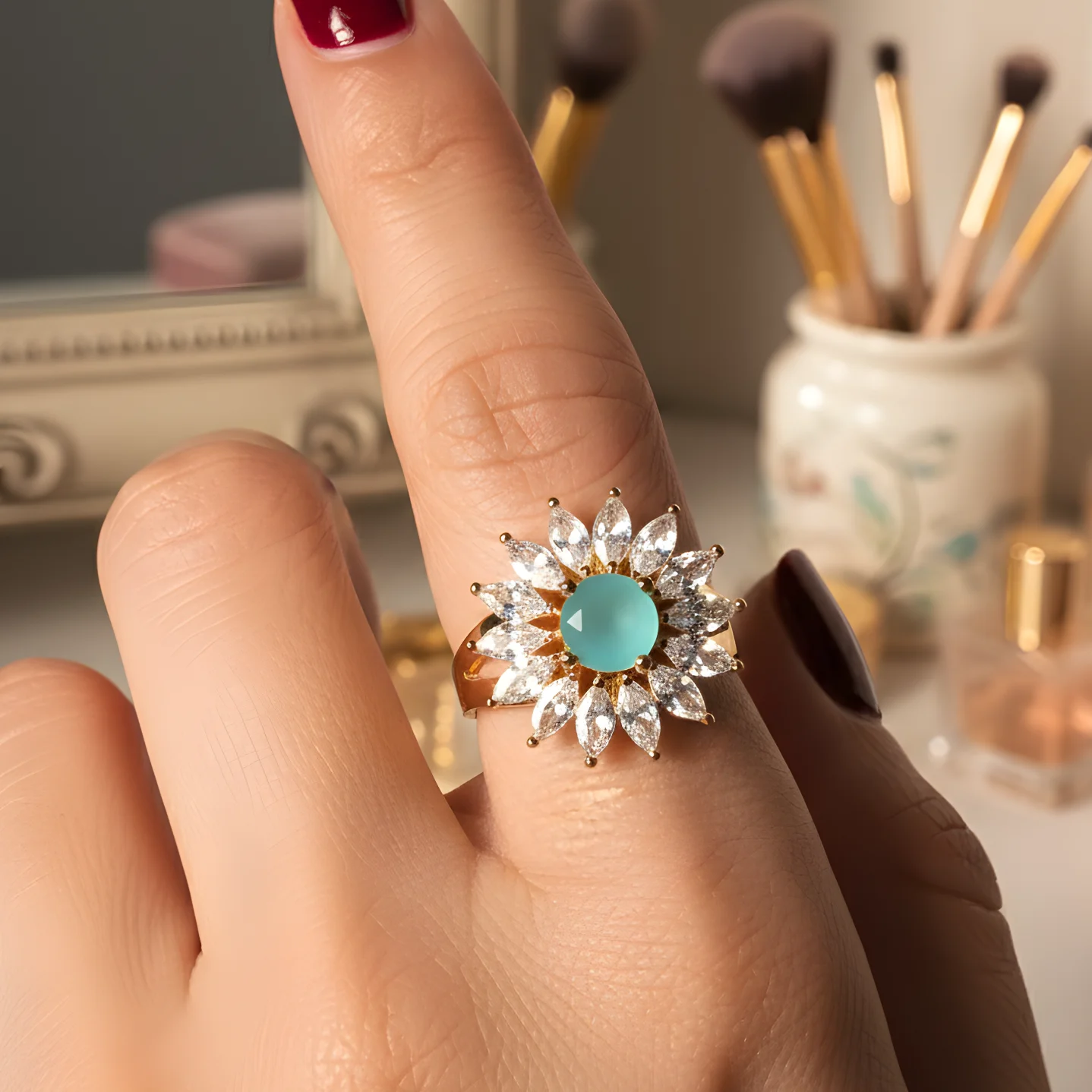 Sea green with white floral sunburst adjustable size ring