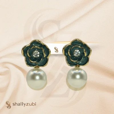 Earing stud Green flower with dangling white pearl