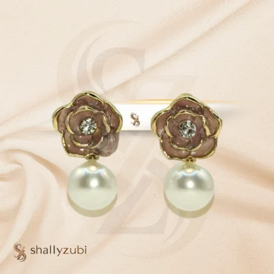 Earing stud pastel pink flower with dangling white pearl