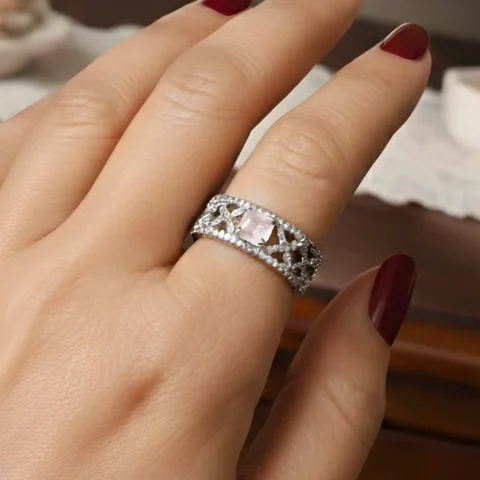 Silver color anti-tarnish Ring with Baby-pink Stone | Adjustable size
