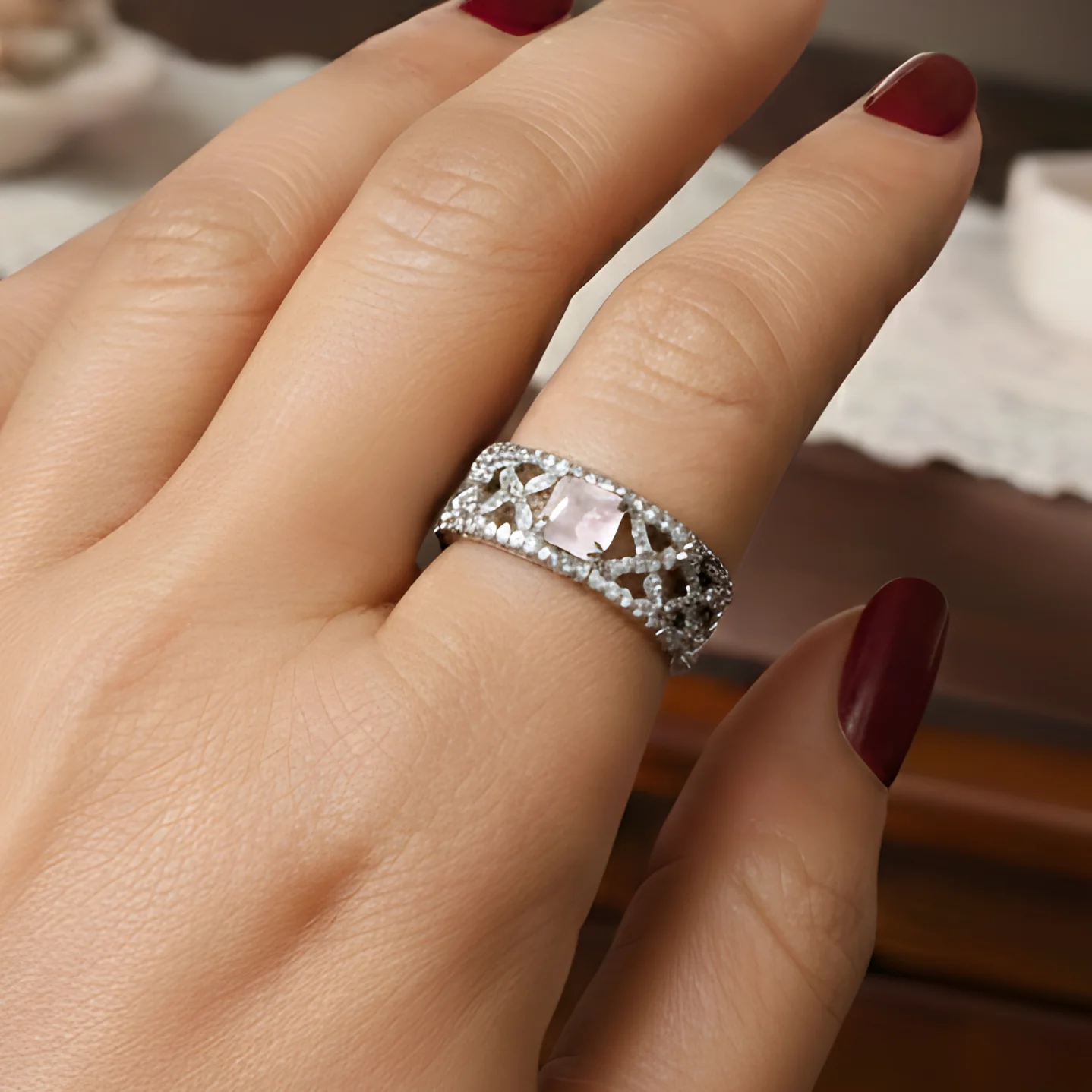 Silver color anti-tarnish Ring with Baby-pink Stone | Adjustable size