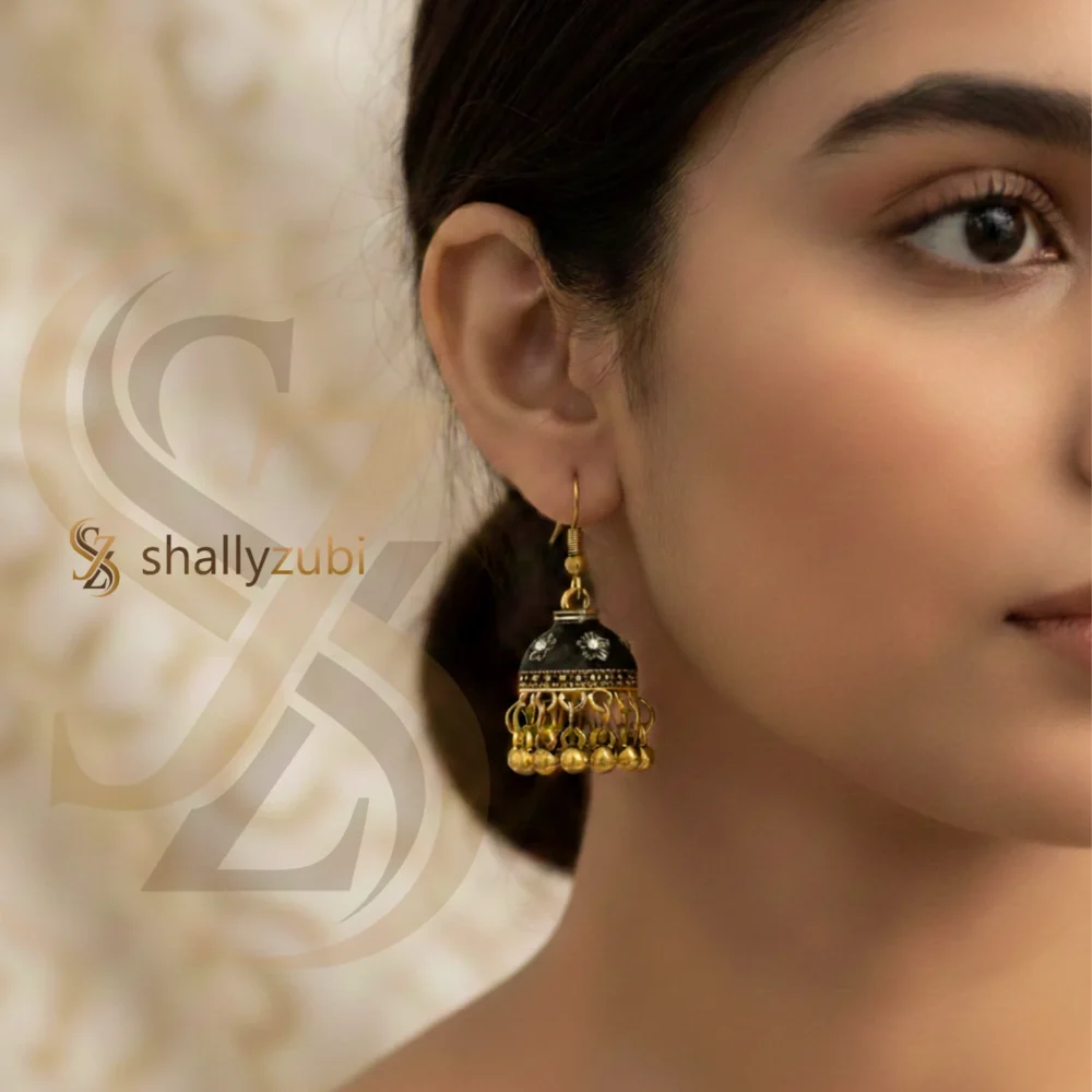 Black – Golden coated Antique Bronze color Bell-shaped drop jhumki | shallyzubi jhumki