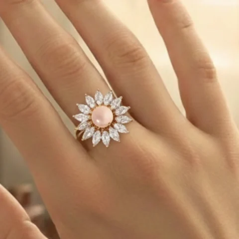 Floral sunburst ring with pink pearl