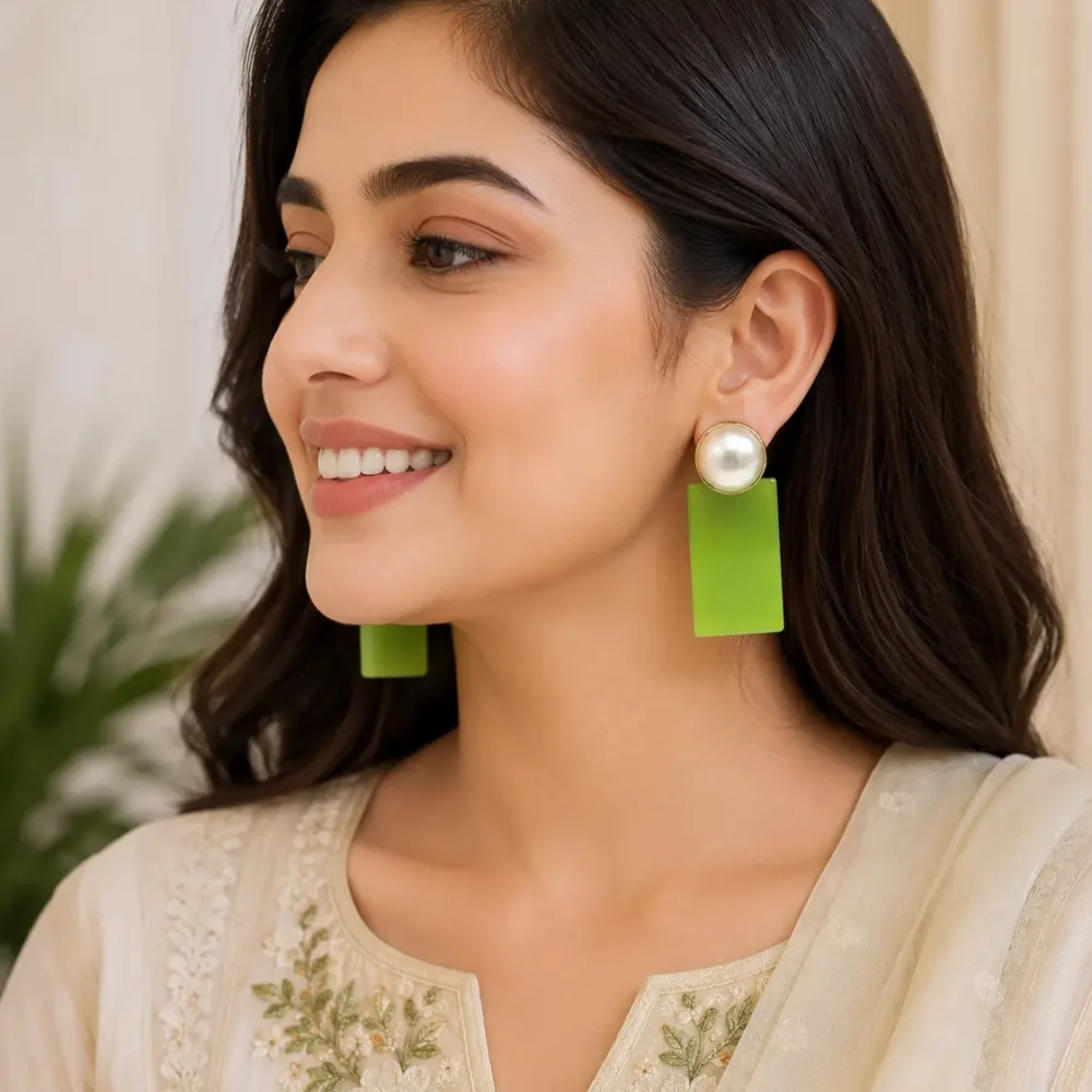 Green | light-green Earrings with pearl stud & drop earrings