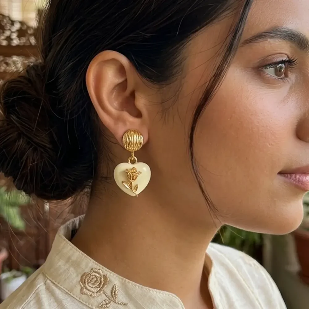 heart shape half white and golden drop earrings | shallyzubi earrings