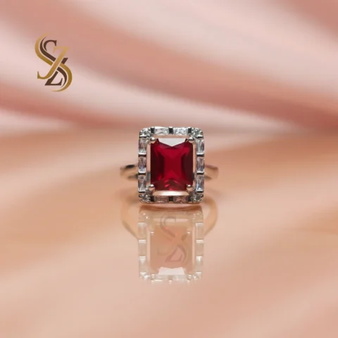 Red stone white silver ring | With Ring-Box
