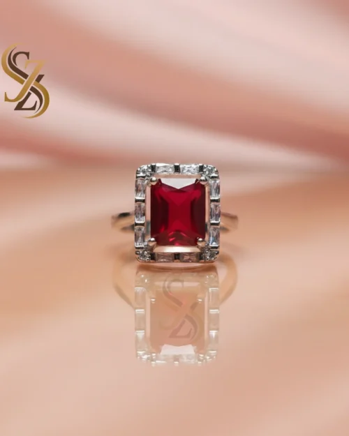 Red stone white silver ring | With Ring-Box