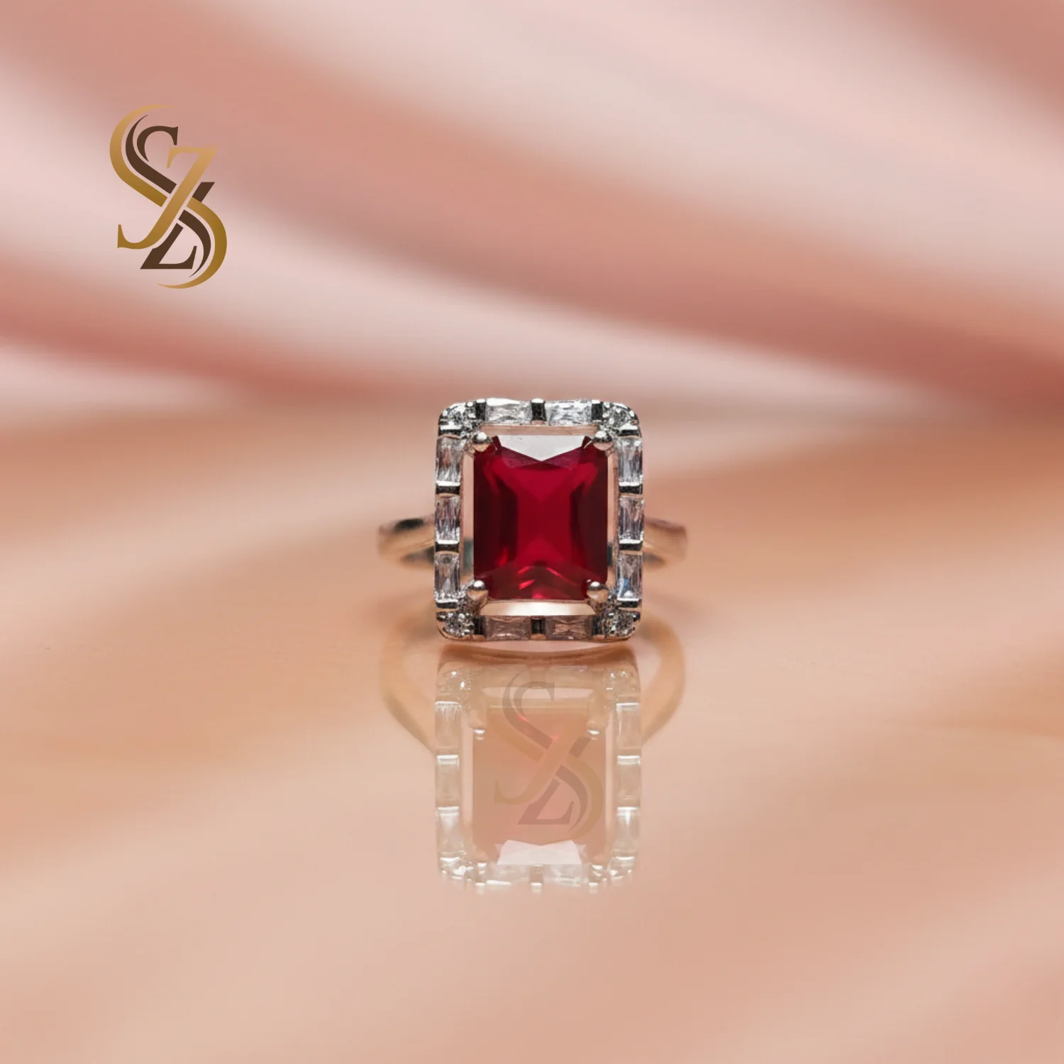 Red stone white silver ring | With Ring-Box