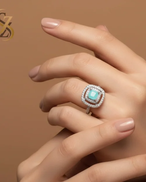 turquoise blue cushion-cut sterling silver Adjust able size Ring | with Ring Box
