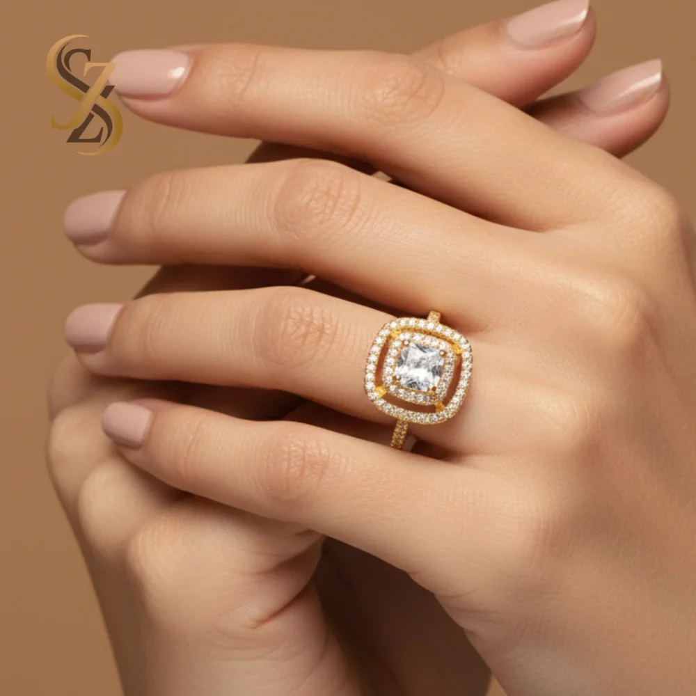 white stone cushion-cut yellow gold plated Adjust able size Ring | with Ring Box