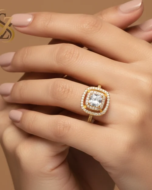 white stone cushion-cut yellow gold plated Adjust able size Ring | with Ring Box