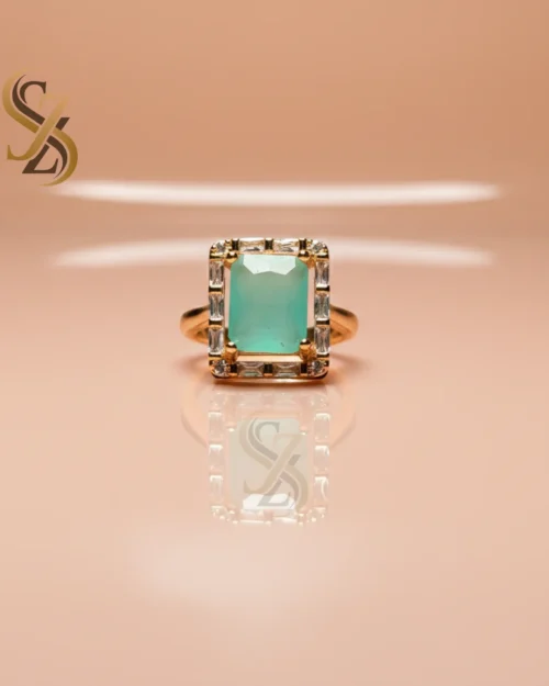 Sea green stone yellow gold plated ring | with Ring-Box