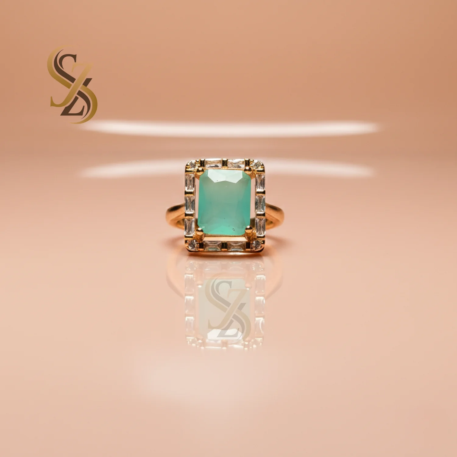 Sea green stone yellow gold plated ring | with Ring-Box