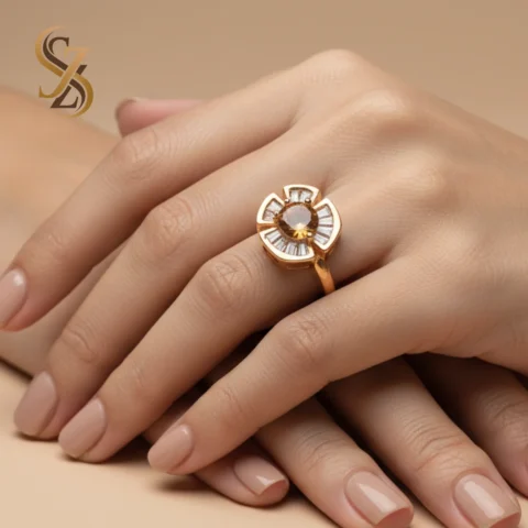 coffee color Gold statement ring baguette-cut stones-adjustable size ring | with Ring Box