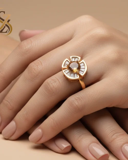 coffee color Gold statement ring baguette-cut stones-adjustable size ring | with Ring Box