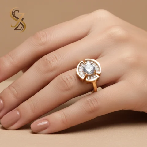 White stone color Gold statement ring baguette-cut stones-adjustable size ring | with Ring Box