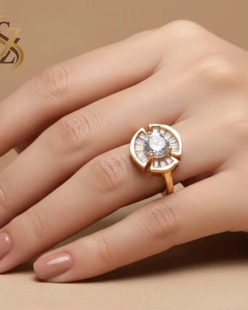 White stone color Gold statement ring baguette-cut stones-adjustable size ring | with Ring Box