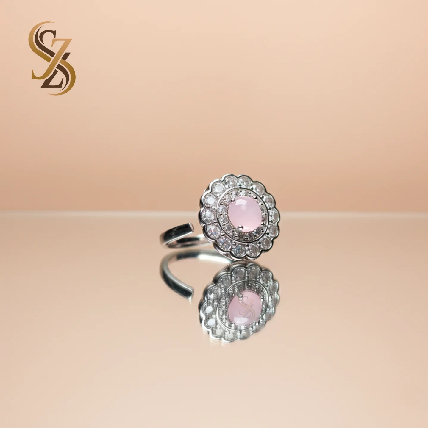 Sterling Silver Light baby pink stone adjustable size ring | with Ring Box