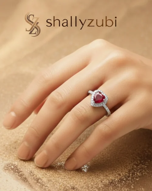 Red color white sliver heart shape ring