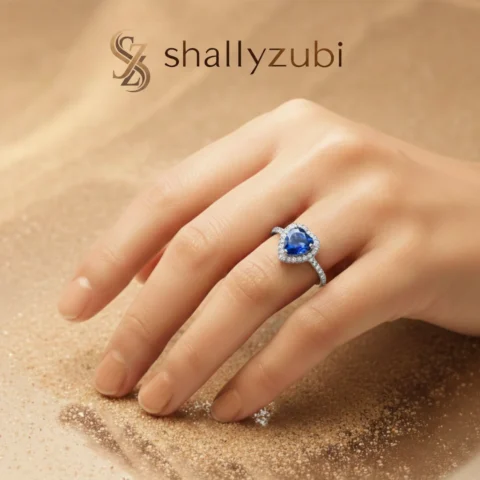 Blue - white sliver heart shape ring