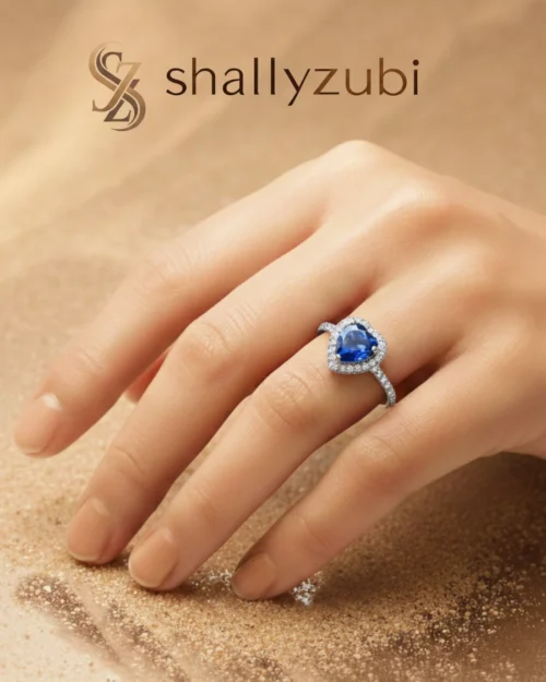Blue - white sliver heart shape ring