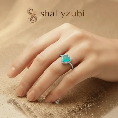 Sea Green white sliver heart shape ring