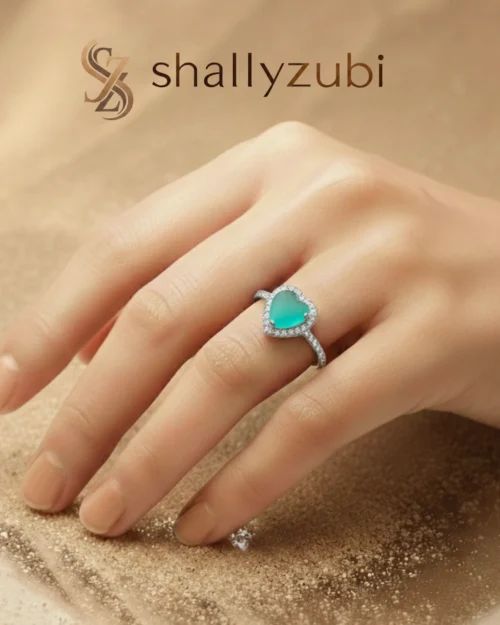 Sea Green white sliver heart shape ring