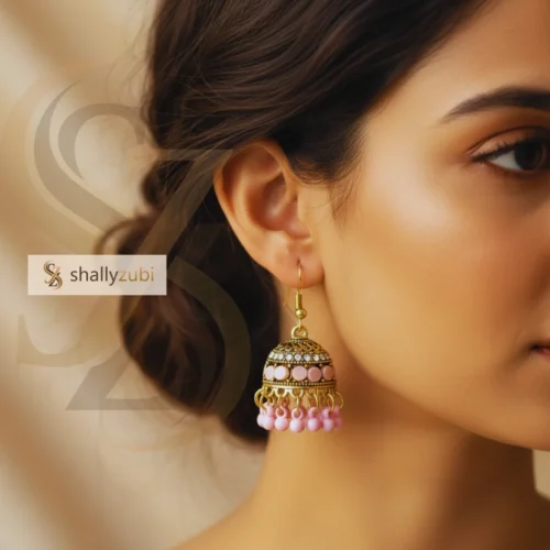 Gold-plated alloy Jhumka with pink beads earrings