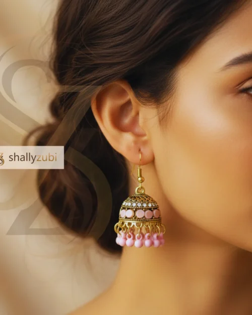 Gold-plated alloy Jhumka with pink beads earrings
