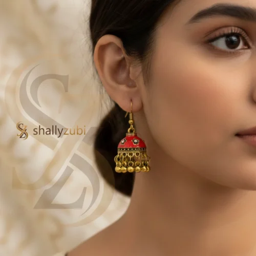Red Meenakari jhumki-Golden coated pear white color Bell-shaped drop jhumkies