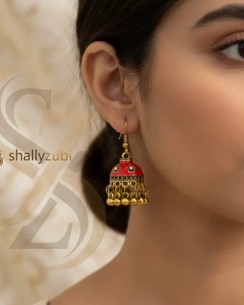 Red Meenakari jhumki-Golden coated pear white color Bell-shaped drop jhumkies