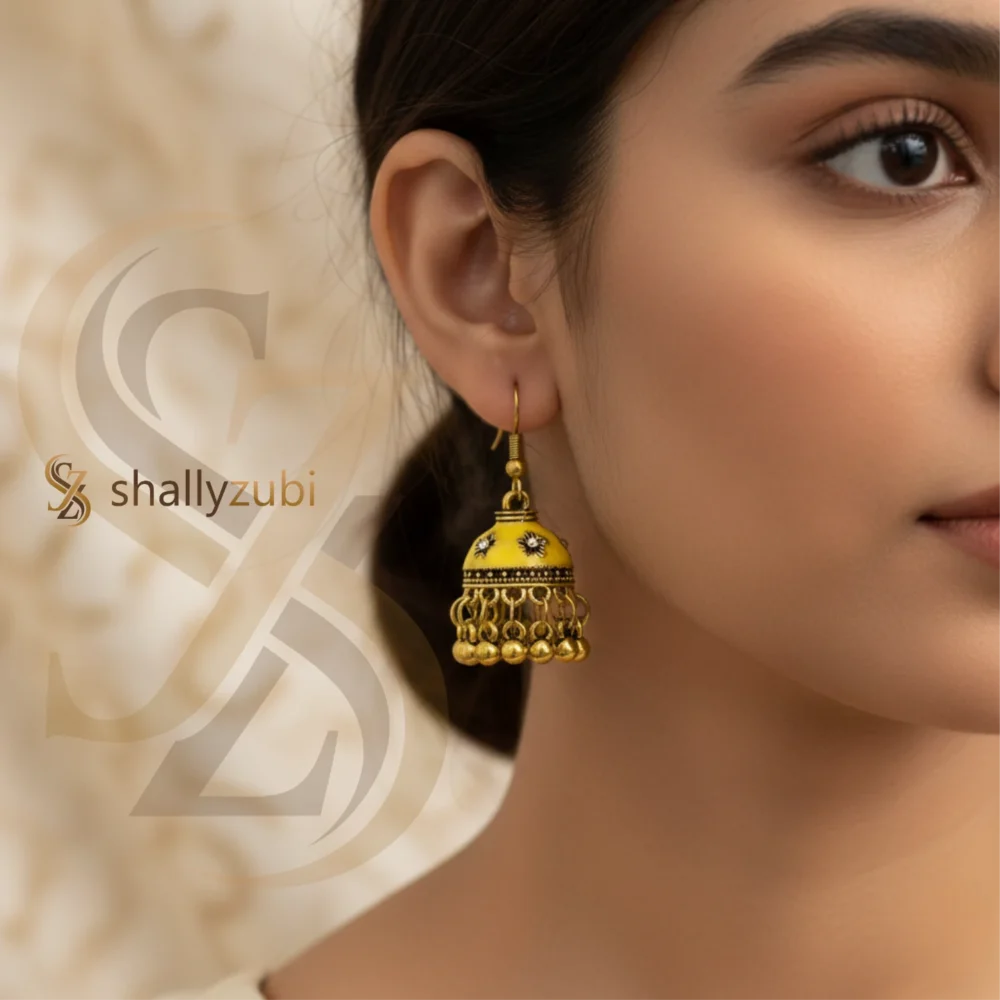 Yellow jhumki-Golden coated pear white color Bell-shaped drop jhumki | shallyzubi jhumki