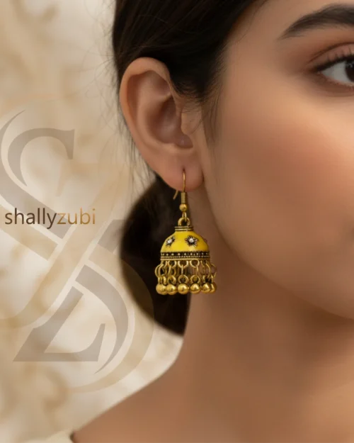 Yellow jhumki-Golden coated pear white color Bell-shaped drop jhumki