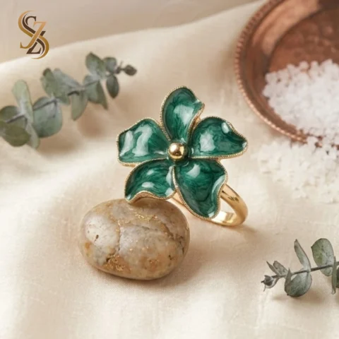 Party wear green enamel floral statement Ring | With Ring-Box