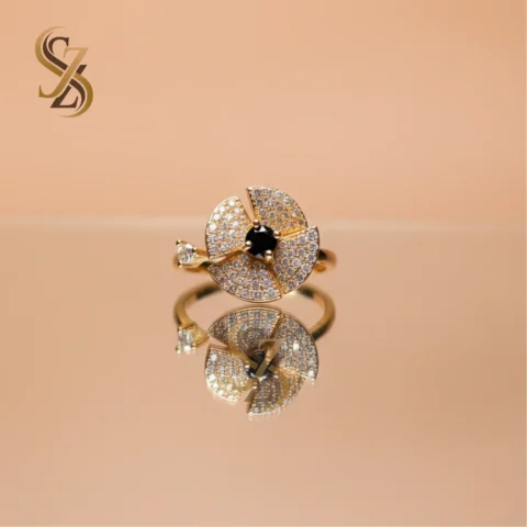 Black Stone Golden 360 Rotating flower-like Ring | With Ring Box