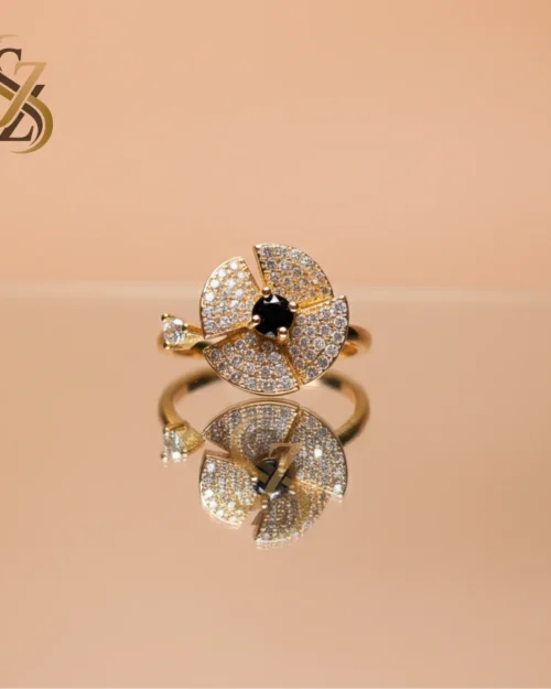 Black Stone Golden 360 Rotating flower-like Ring | With Ring Box