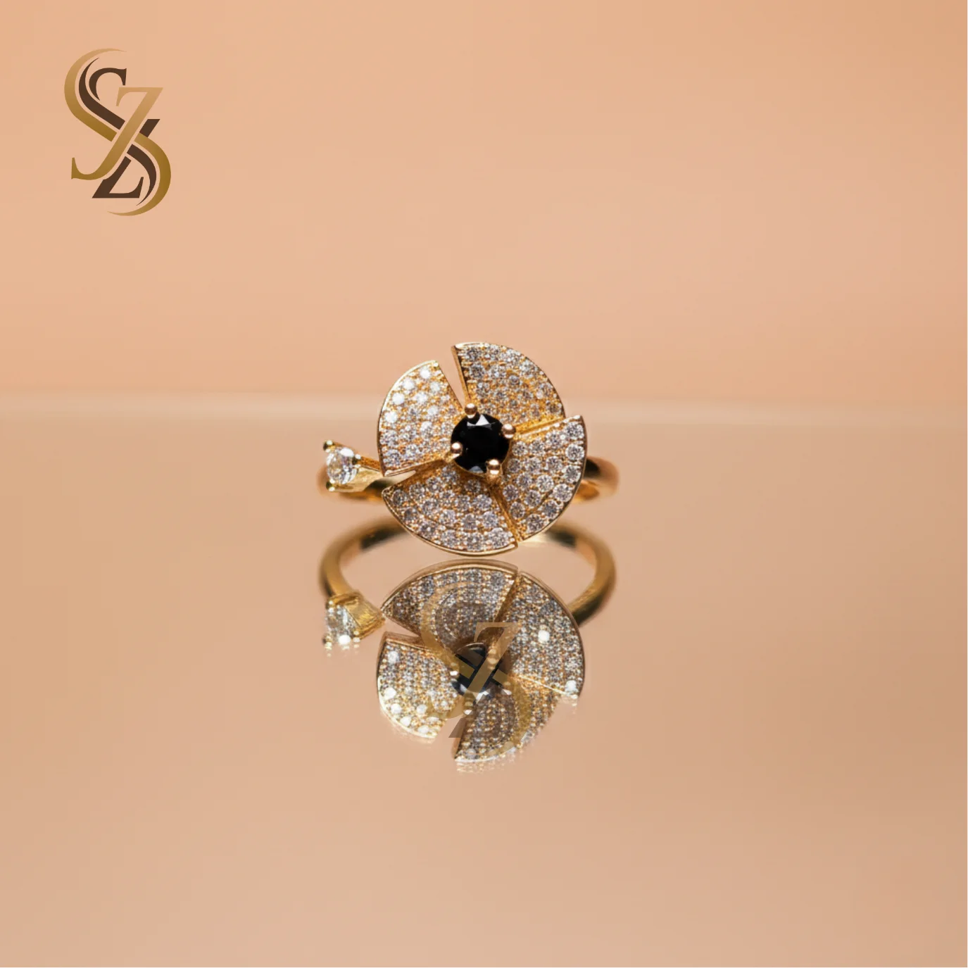 Black Stone Golden 360 Rotating flower-like Ring | With Ring Box