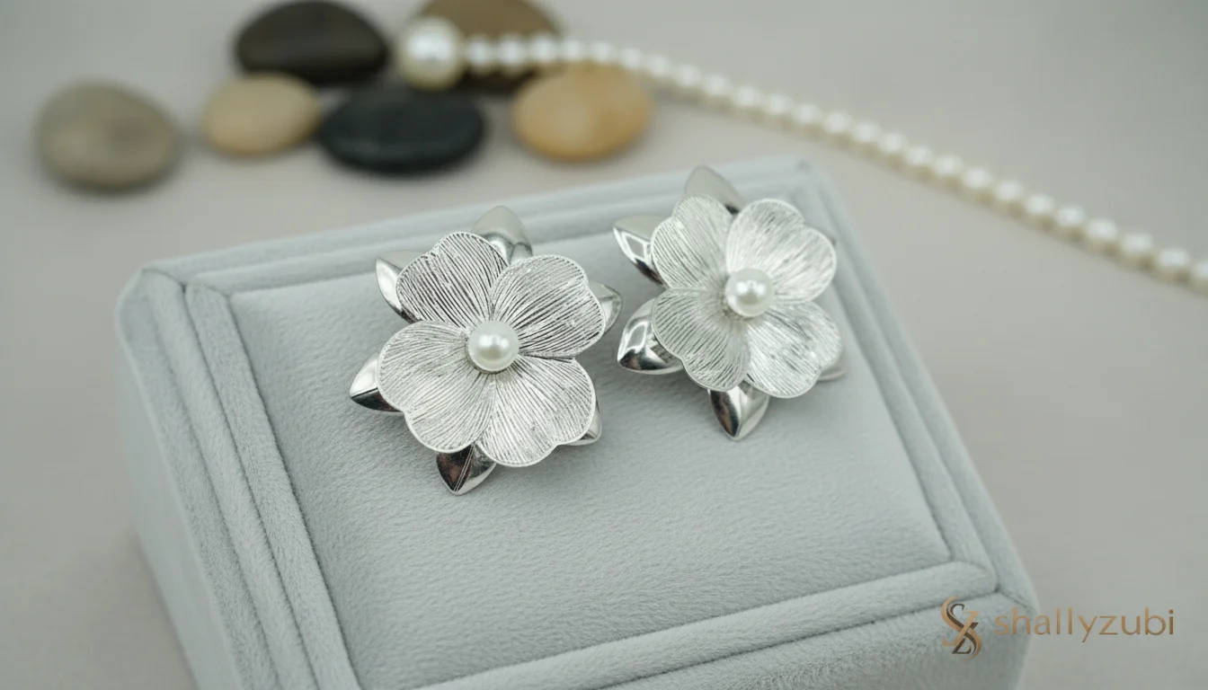 Flower Shape Metal sliver studs -ear-tops Earrings | with earrings-Box