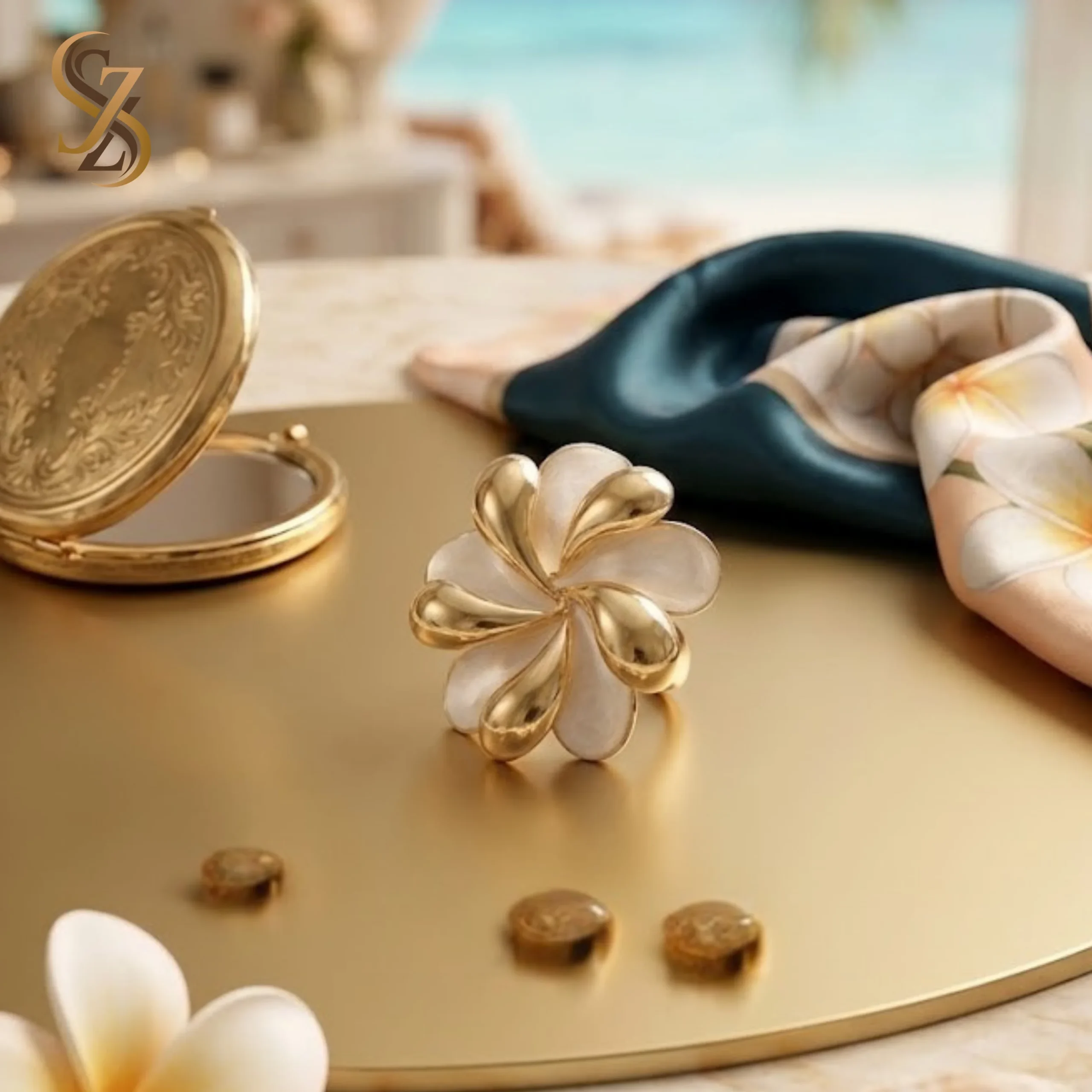 Big flower shape white and golden ring | Adjustable Size| with ring-box